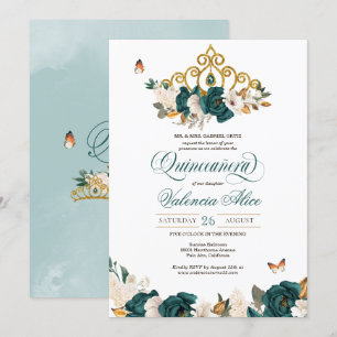 Emerald Green Roses Butterfly Tiara Quinceanera Invitation