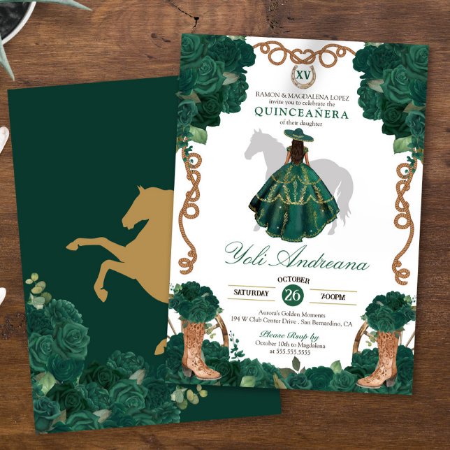 Emerald Green Roses Charro Vestidos Quinceañera Invitation (Creator Uploaded)