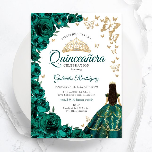 Emerald Green Roses Floral Gold White Quinceanera Invitation (Creator Uploaded)