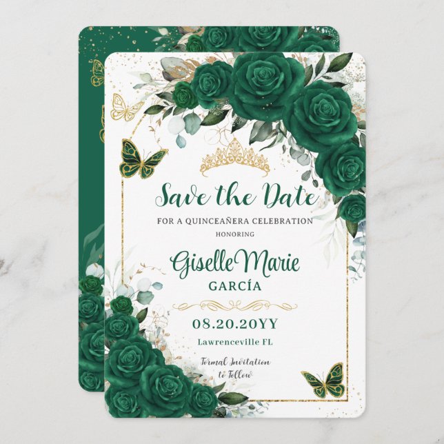 Emerald Green Roses Floral Quinceañera Butterflies Save The Date (Front/Back)