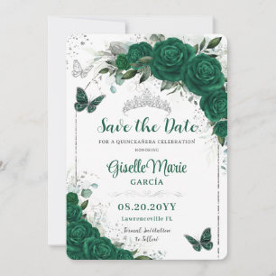 Emerald Green Roses Floral Quinceañera Butterflies Save The Date