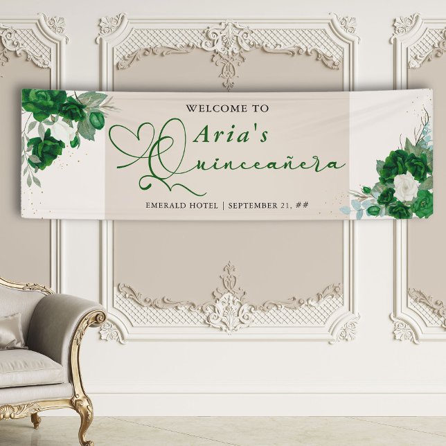 Emerald Green Roses Floral Quinceanera Welcome Banner (Quinceanera Banner from the Royal Rose Emerald Green Quinceanera Collection by Darling & May)
