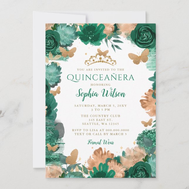 Emerald Green Roses Gold Butterflies Quinceañera  Invitation (Front)