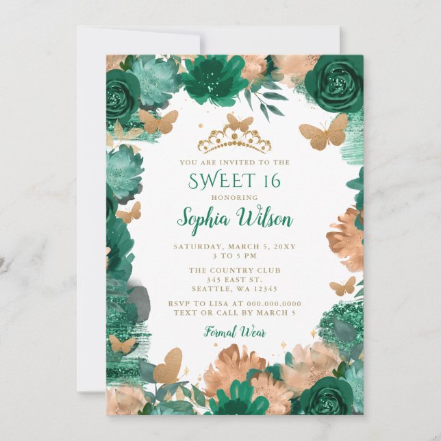 Emerald Green Roses Gold Butterflies Sweet 16  Invitation (Front)