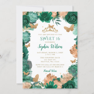 Emerald Green Roses Gold Butterflies Sweet 16  Invitation