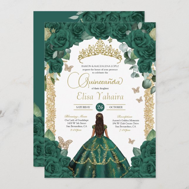 Emerald Green Roses & Gold Butterfly Quinceanera Invitation (Front/Back)