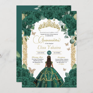 Emerald Green Roses & Gold Butterfly Quinceanera Invitation