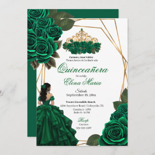 Emerald Green Roses Gold Quinceañera Invitation