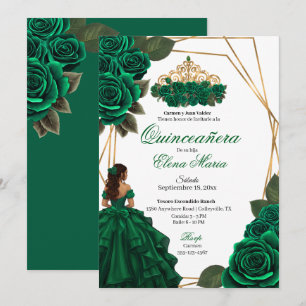 Emerald Green Roses Gold Quinceañera  Invitation