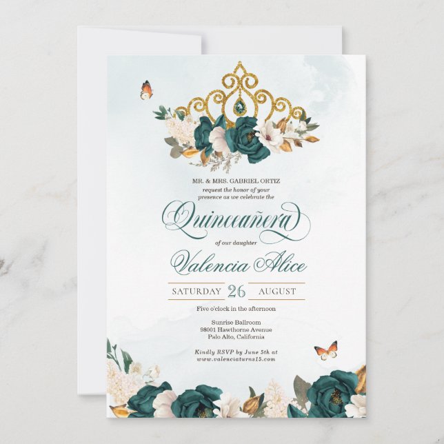 Emerald Green Roses Gold Tiara Butterfly Quince Invitation (Front)