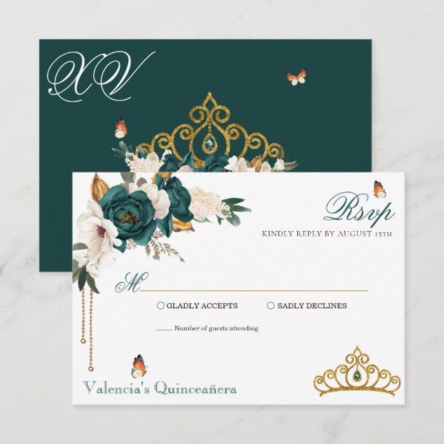Emerald Green Roses Gold Tiara Quinceanera RSVP Card (Front/Back)