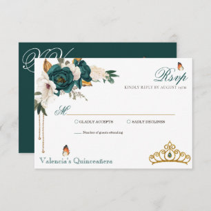 Emerald Green Roses Gold Tiara Quinceanera RSVP Card