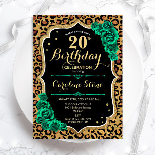 Emerald Green Roses Leopard Print 20th Birthday Invitation
