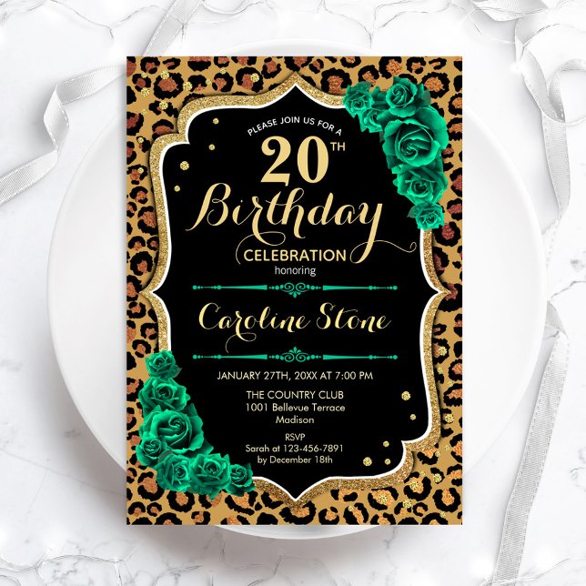 Emerald Green Roses Leopard Print 20th Birthday Invitation (Creator Uploaded)