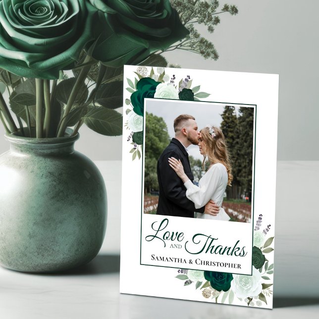 Emerald Green Roses Love & Thanks Wedding Photo Thank You Card (Creator Uploaded)