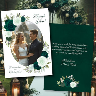 Emerald Green Roses Oval Photo Elegant Wedding Thank You Card