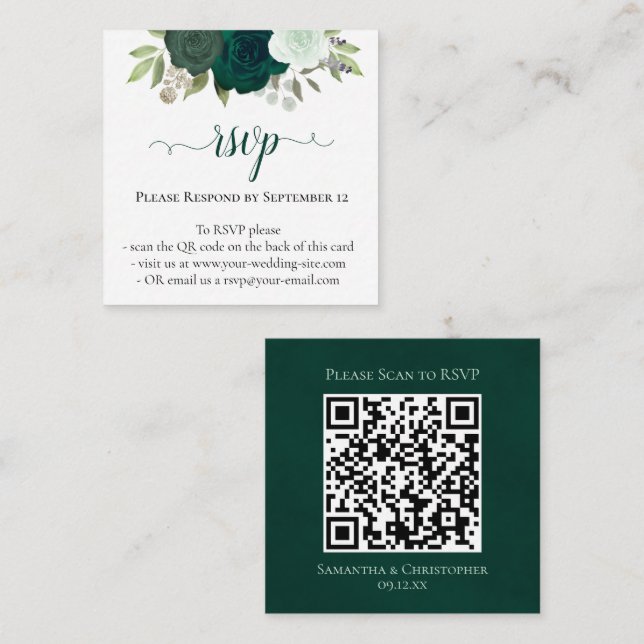 Emerald Green Roses Wedding RSVP QR Code Enclosure Card (Front/Back)