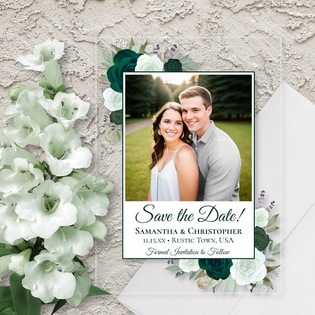 Emerald Green Roses Wedding Save the Date Photo Acrylic Invitations (Clear Acrylic with Rectangle Cut)
