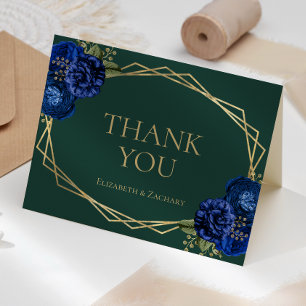 Emerald Green Royal Blue Floral Gold Geo Wedding Thank You Card