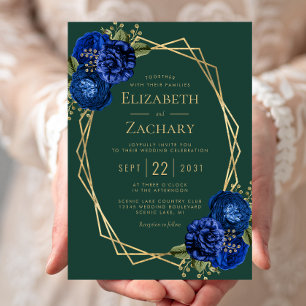 Emerald Green Royal Blue Floral Gold Wedding Invitation