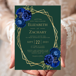 Emerald Green Royal Blue Floral Gold Wedding Invitation