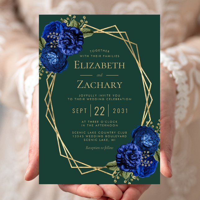 Emerald Green Royal Blue Floral Gold Wedding Invitation (Creator Uploaded)