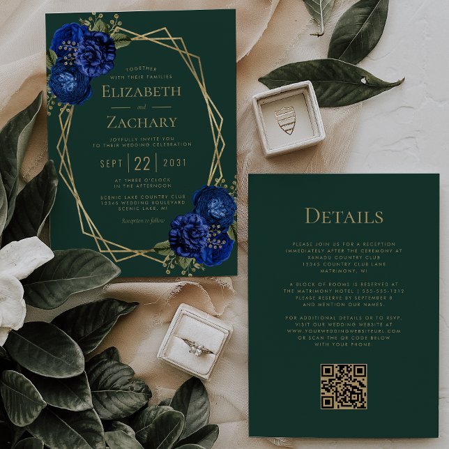 Emerald Green Royal Blue Floral QR Code Wedding Invitation (Creator Uploaded)