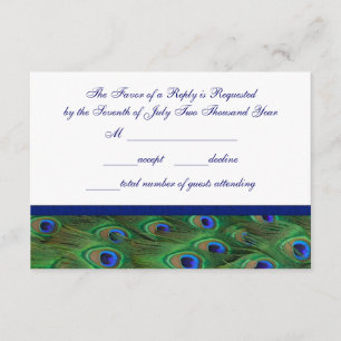 Emerald Green Royal Blue Peacock Feathers Wedding RSVP Card