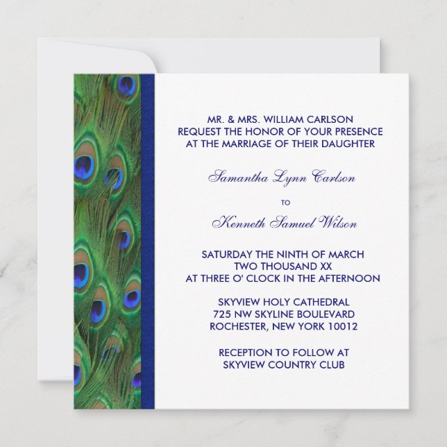 Emerald Green Royal Blue Peacock Wedding Invitation (Front)