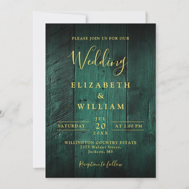Emerald Green Rustic Barn Wood All In One Wedding Invitation (Front)