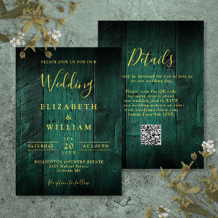 Emerald Green Rustic Barn Wood Wedding QR Code Invitation