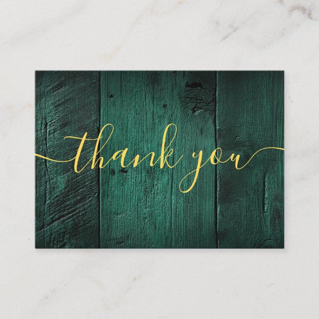 Emerald Green Rustic Barn Wood Wedding Thank You Place Card (Front)
