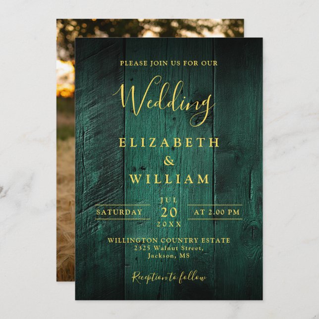 Emerald Green Rustic Boho Barn Wood Photo Wedding Invitation (Front/Back)