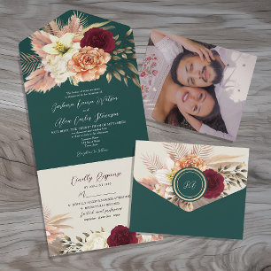 Emerald Green Rustic Burgundy Floral Wedding All In One Invitation