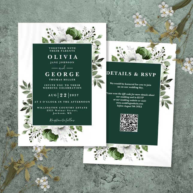 Emerald Green Rustic Floral QR Code Wedding Invitation (Emerald Green Rustic Floral QR Code Wedding Invitation)