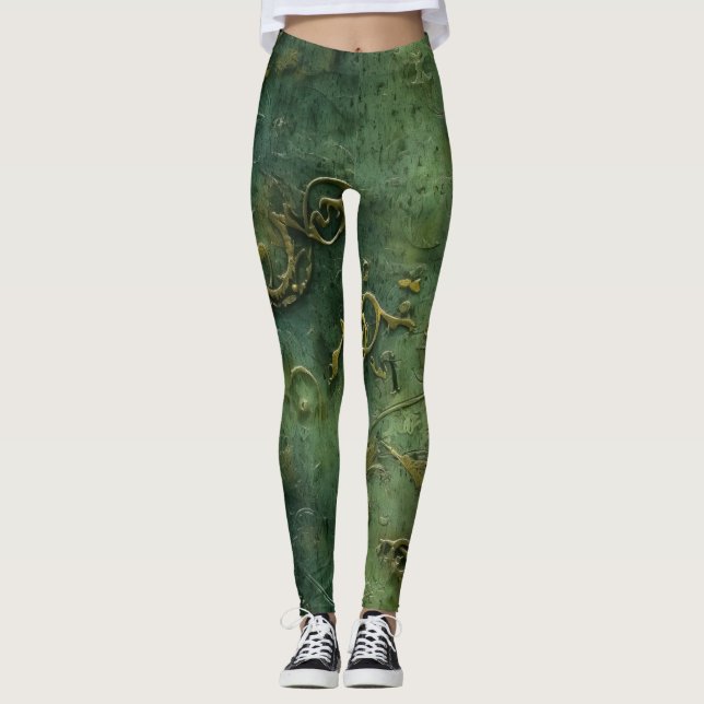 Emerald Green Rustic Steampunk Clock (10) Leggings (Front)