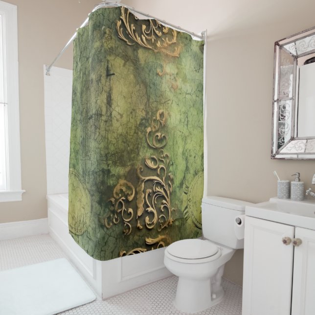 Emerald Green Rustic Steampunk Clock (11) Shower Curtain (In Situ)