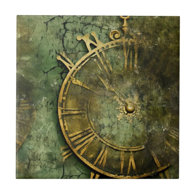 Emerald Green Rustic Steampunk Clock (12) Ceramic Tile (Front)