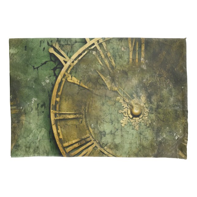 Emerald Green Rustic Steampunk Clock (12) Pillowcase (Front-Left)