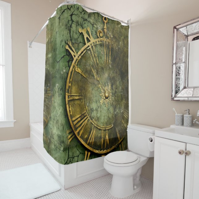 Emerald Green Rustic Steampunk Clock (12) Shower Curtain (In Situ)