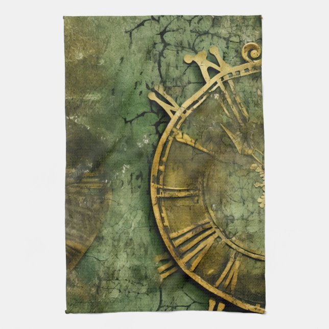 Emerald Green Rustic Steampunk Clock (12) Tea Towel (Vertical)