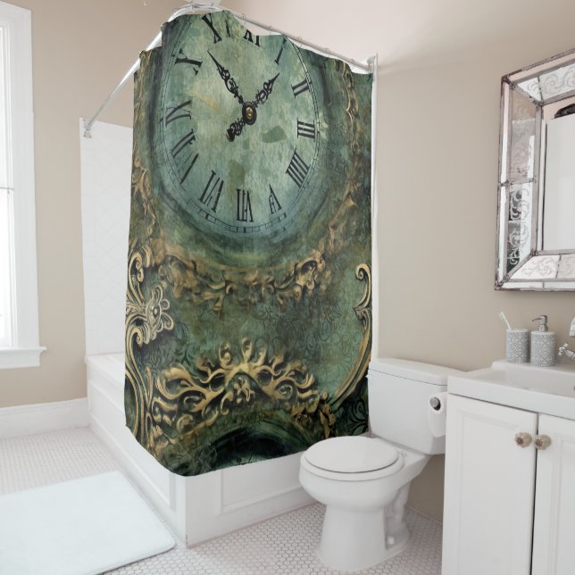 Emerald Green Rustic Steampunk Clock (1) Shower Curtain (In Situ)