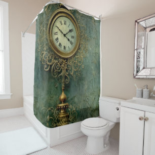 Emerald Green Rustic Steampunk Clock (2) Shower Curtain
