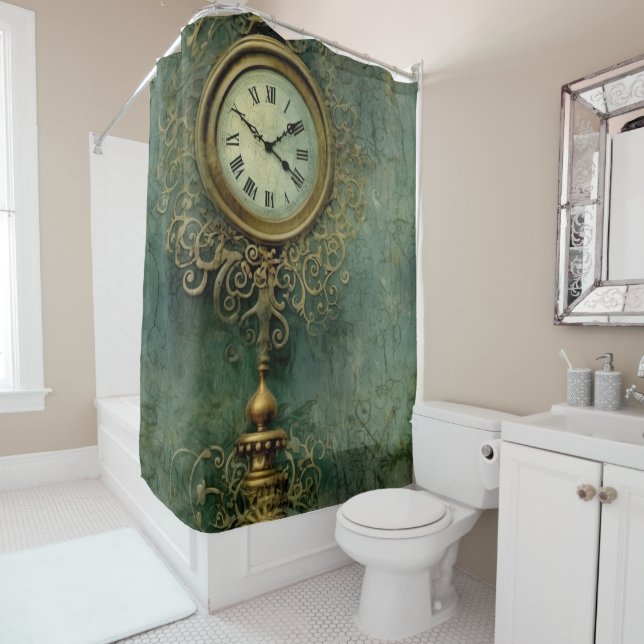 Emerald Green Rustic Steampunk Clock (2) Shower Curtain (In Situ)