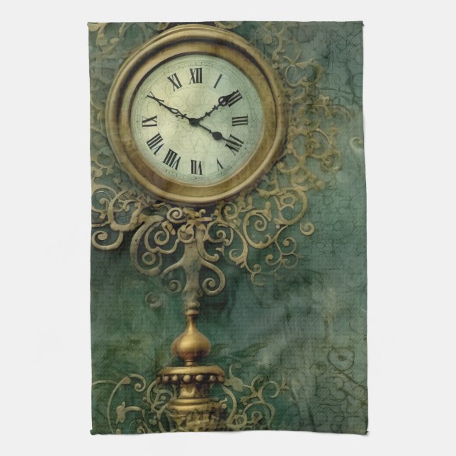 Emerald Green Rustic Steampunk Clock (2) Tea Towel (Vertical)