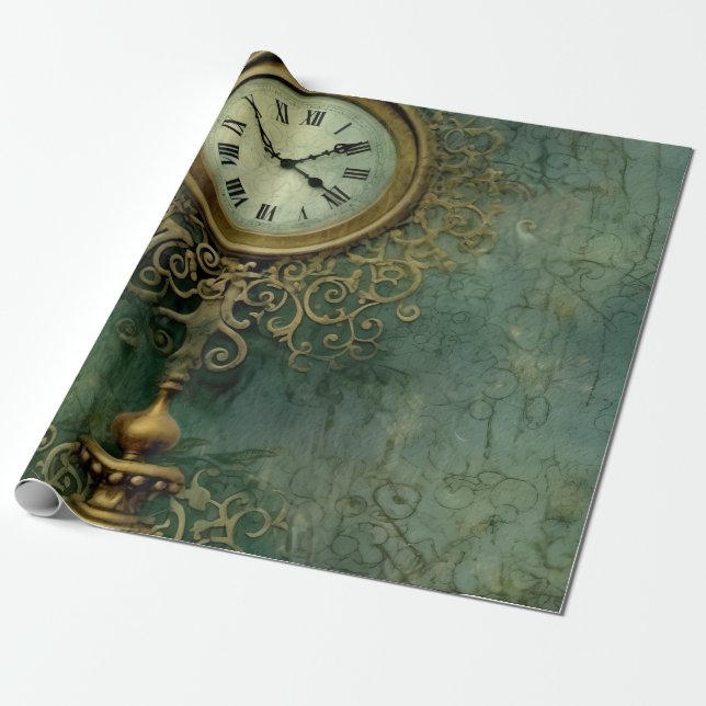 Emerald Green Rustic Steampunk Clock (2) Wrapping Paper (Unrolled)