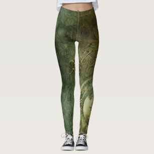 Emerald Green Rustic Steampunk Clock (5) Leggings