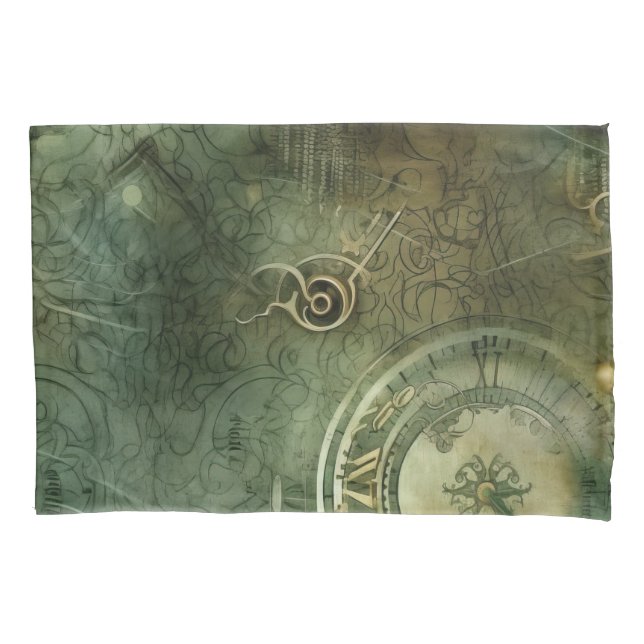 Emerald Green Rustic Steampunk Clock (5) Pillowcase (Front-Left)