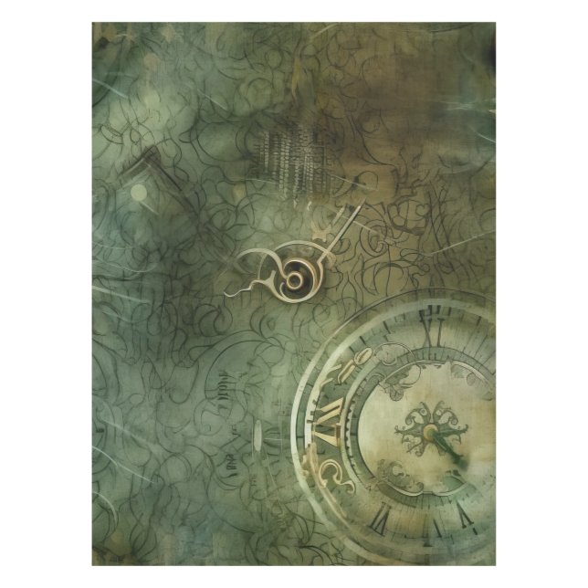 Emerald Green Rustic Steampunk Clock (5) Tablecloth (Front)