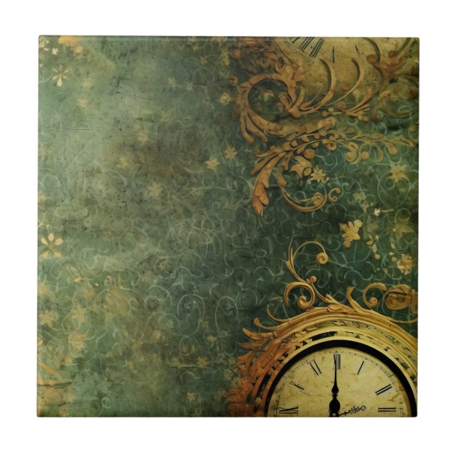 Emerald Green Rustic Steampunk Clock (6) Ceramic Tile (Front)